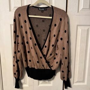 New York & Co. Camel & Black Polka Dot Long Sleeve Wrap Sweater - Size XL